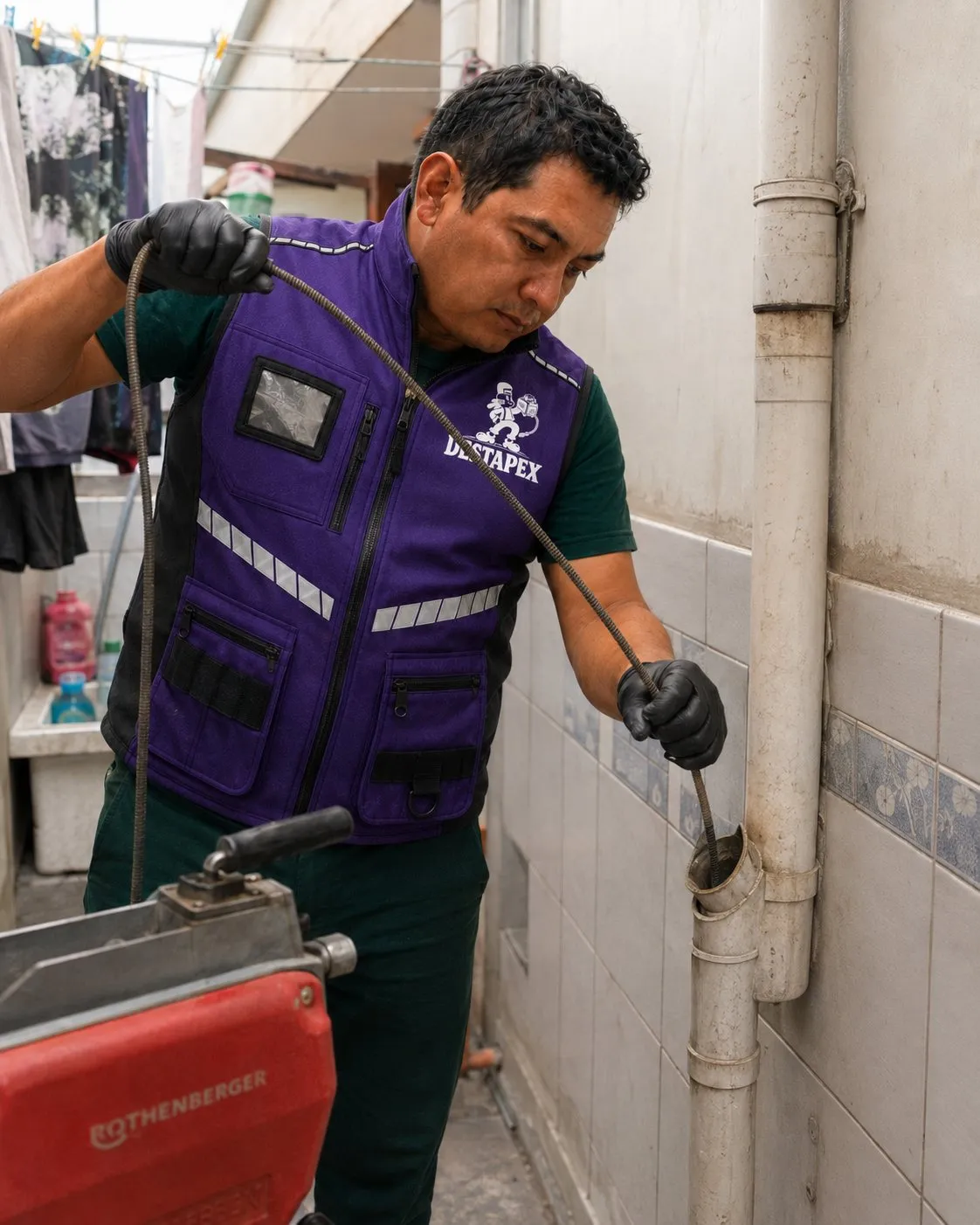 Técnico de DESTAPEX destapando un bajante con sonda eléctrica