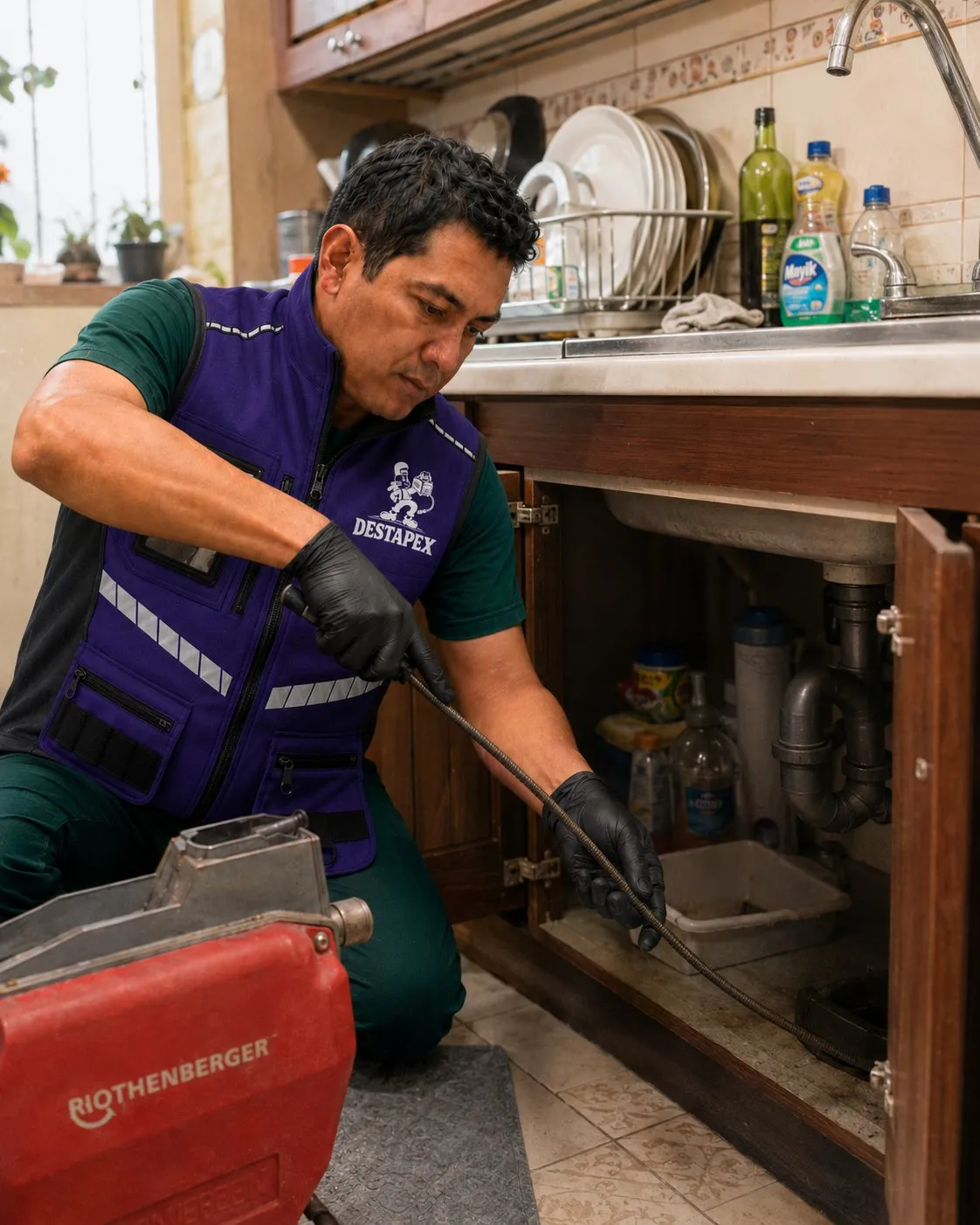 Técnico de DESTAPEX destapando el desagüe de un fregadero de cocina