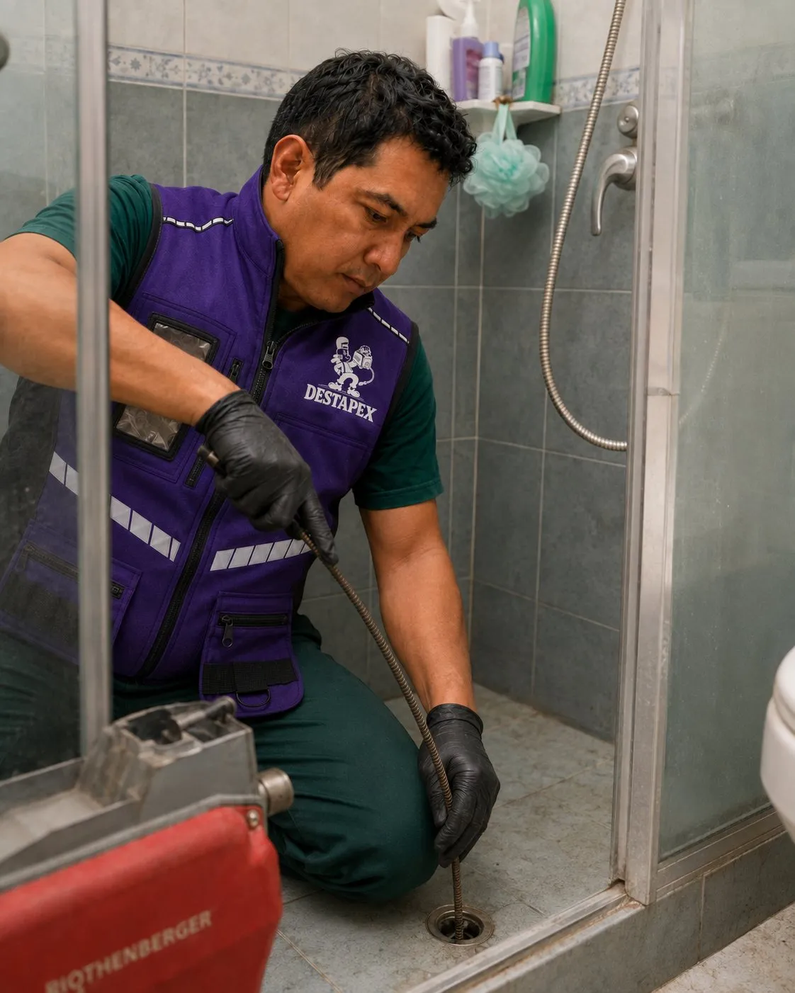 Técnico de DESTAPEX destapando el sifón de una ducha