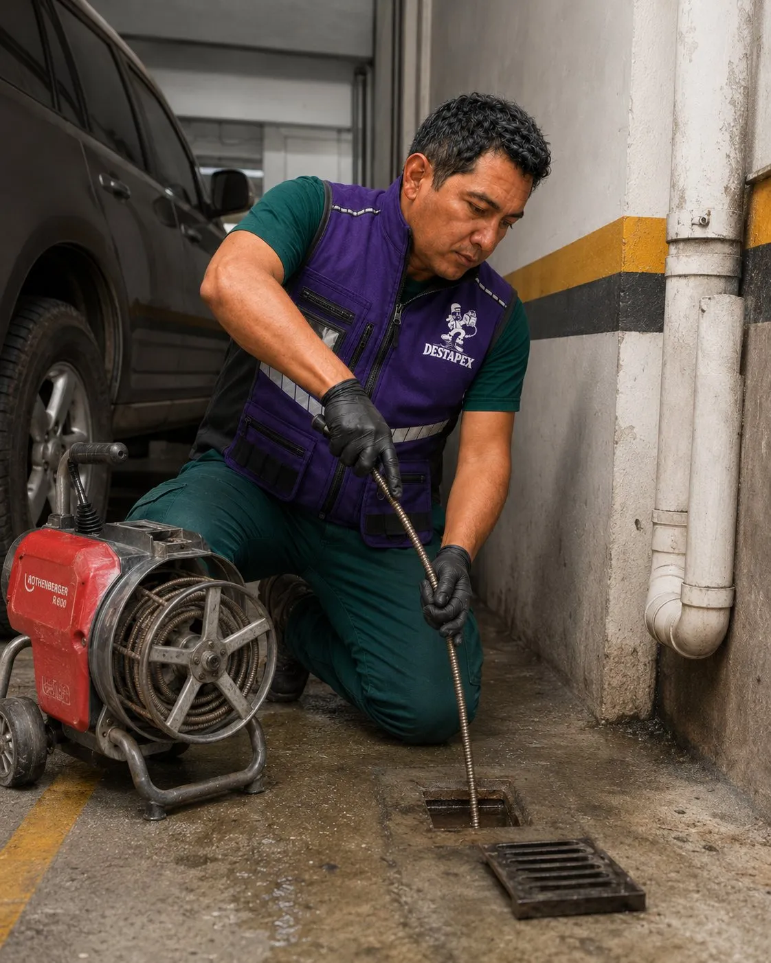 Técnico de DESTAPEX destapando el desagüe de un parqueadero
